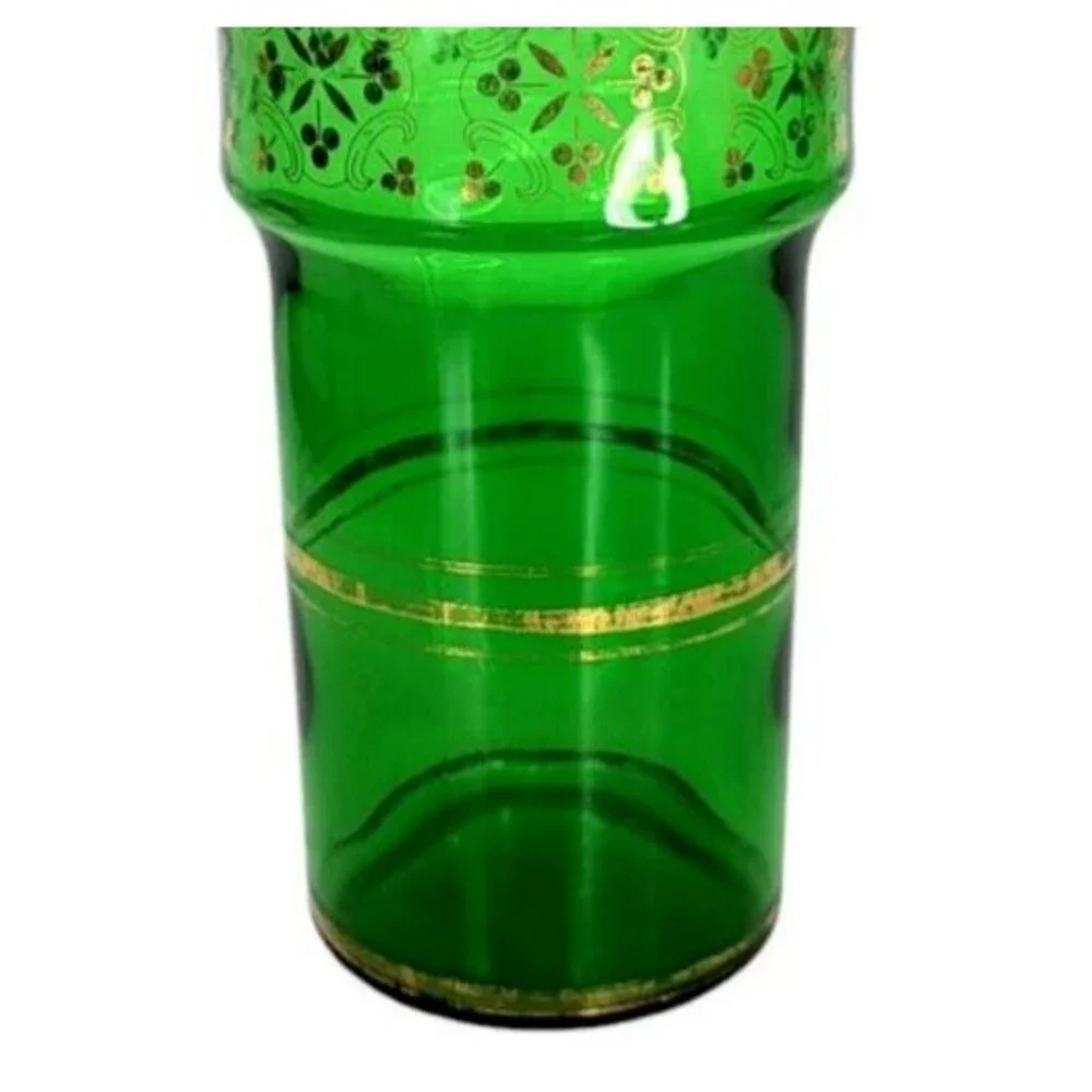 VTG MCM 60s JAY Emerald Green Glass Barware Liqueur Decanter 24kt Gold Clovers